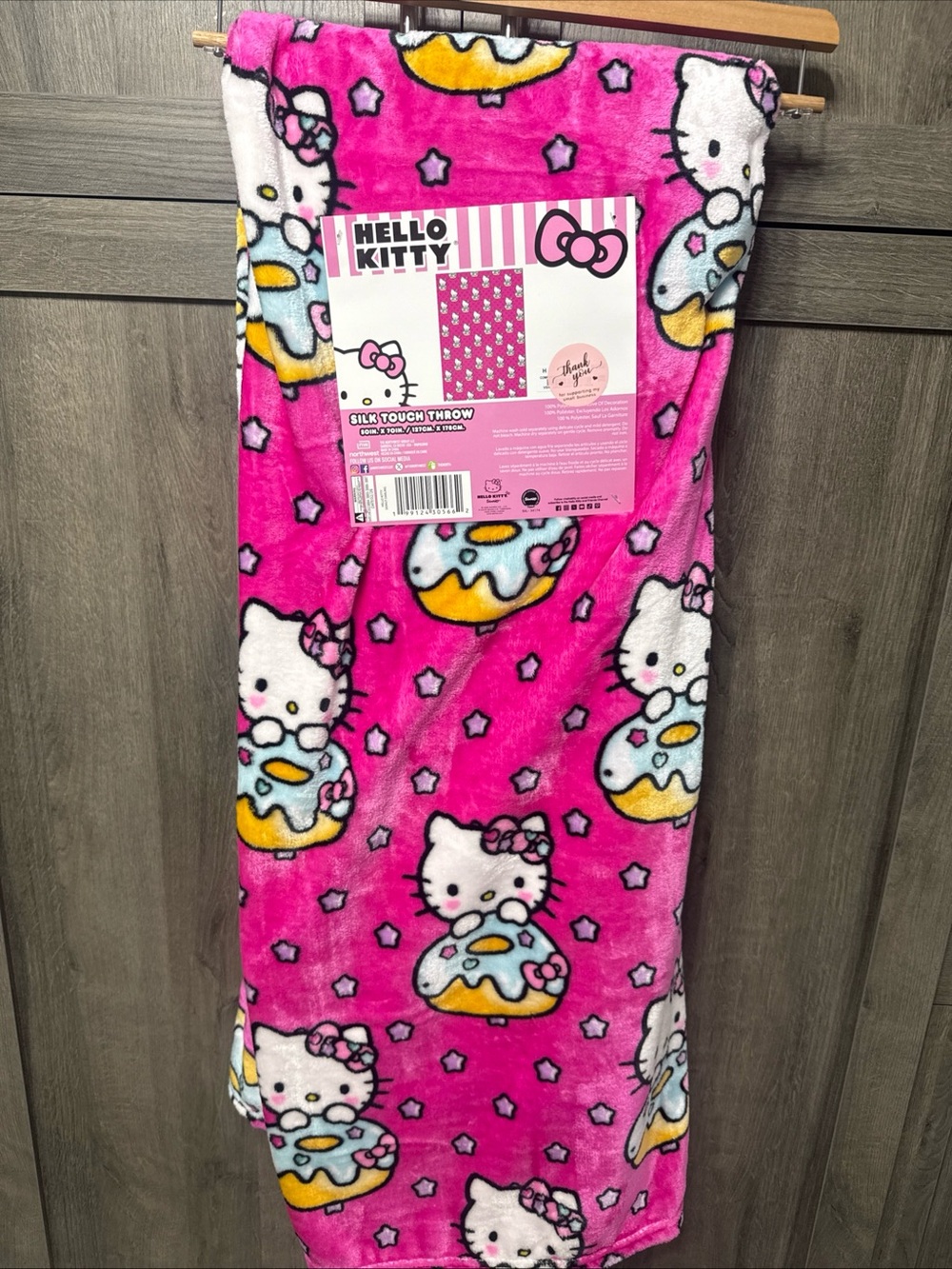 New Hello Kitty Hot Pink Donut Darling 50" x 70" Blanket On Hanger With Tag